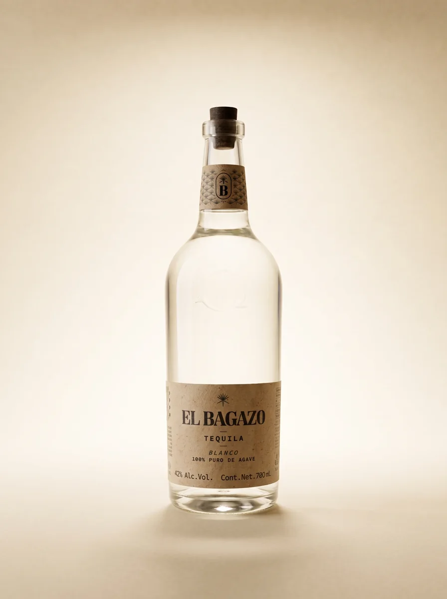 A studio product photo of the El Bagazo blanco tequila bottle, 100% puro de agave.