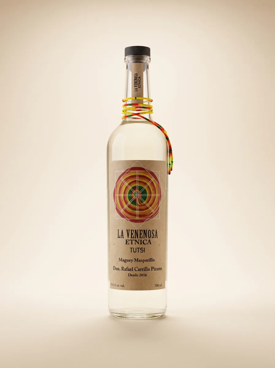 A studio product photo of the La Venenosa Étnica Tutsi bottle, its neck wrapped in beaded Wixárika thread.
