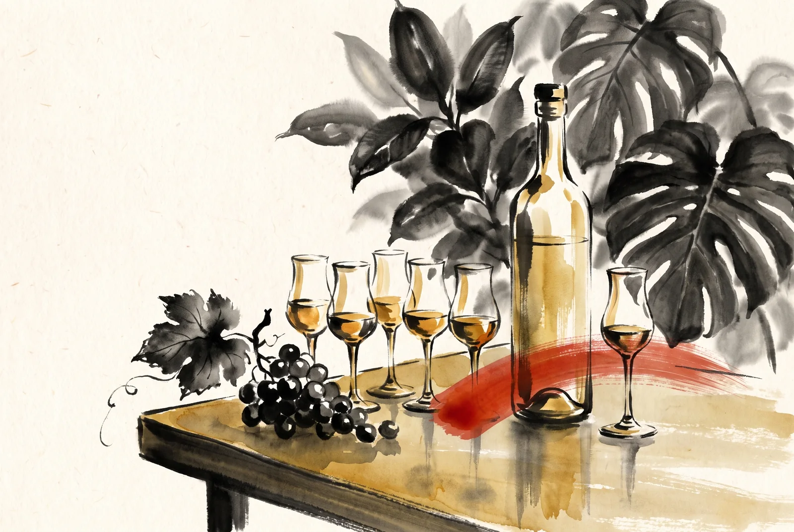 A sumi-e painting of the Sarcay pisco tasting — copitas, a bottle and grapes among ficus leaves.