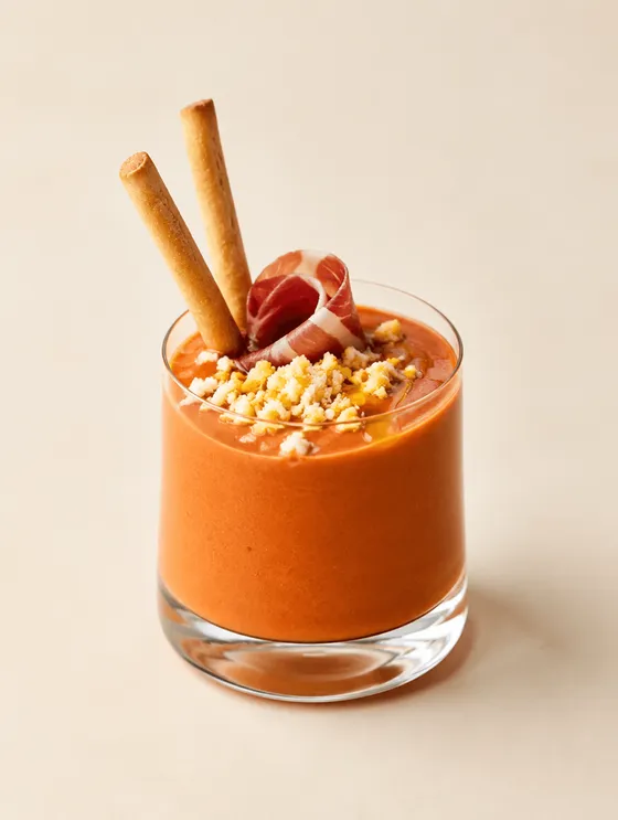 The Salmorejo — Break the tomato: make it Spanish. Salmorejo instead of juice, fino in the base.